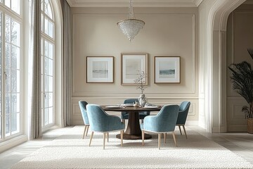 Elegant dining room with pale blue chairs, chandelier, large windows, framed art, and vibrant turquoise accents in a high-end home interior.