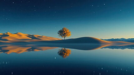 Solitary Tree Reflected in Calm Water Surrounded by Desert Dunes Under a Starry Night Sky