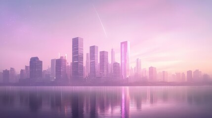 Serene City Skyline at Sunrise Over Water with Modern Buildings Reflecting in Stillness
