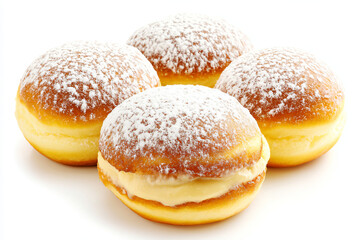 a group of four donuts covered in powdered sugar