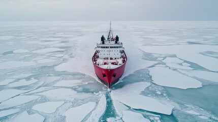Red icebreaker ship navigating Arctic ice floes