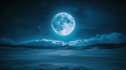 Illuminated Full Moon Over an Expansive Landscape at Night with Dramatic Clouds and Stars