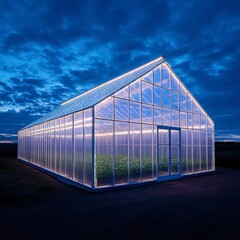 Obraz premium Illuminated greenhouse at twilight, plants growing inside