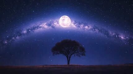 Stunning Night Sky with Full Moon and Milky Way Over Silhouette of a Tree on Horizon