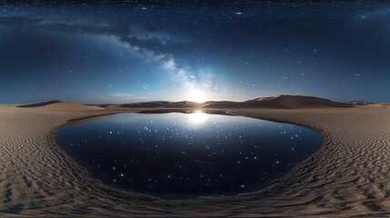 Starlit Desert Landscape with Reflective Water Pool Under a Clear Night Sky with Milky Way