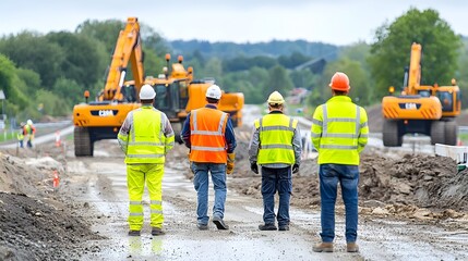 Group of Engineers at a Road Construction Site Operating Heavy Machinery and Equipment to Build and Improve Infrastructure and Transportation Systems