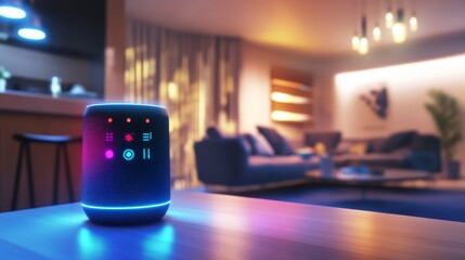 An AI powered voice controlled smart speaker, interacting with users to control home devices and provide information through real-time voice recognition, glowing voice interface