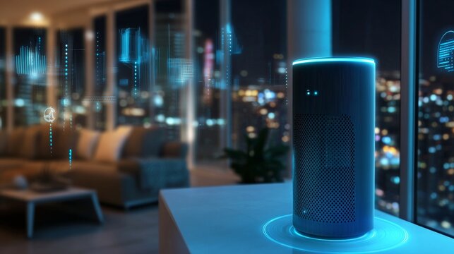 An AI powered voice enabled smart speaker for home security, providing real-time surveillance feedback and controlling security systems with voice commands, glowing security interface