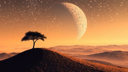 Silhouette of a Lone Tree on a Hill with a Large Moon and Starry Sky During Dusk