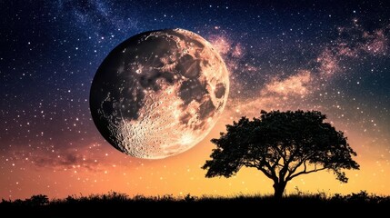 Stunning Night Sky with Large Moon and Silhouetted Tree Against Colorful Gradient Background