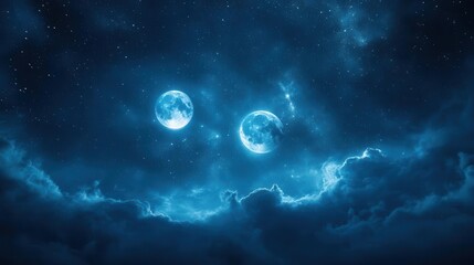 Stunning Night Sky with Two Illuminated Moons Surrounded by Clouds and Stars in a Deep Blue Atmosphere