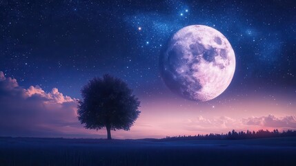 Silhouette of a Tree Underneath a Bright Full Moon and Starry Sky at Night