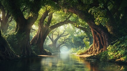 Fototapeta premium Serene tropical river scenery with old growth trees, and sunlight in a jungle