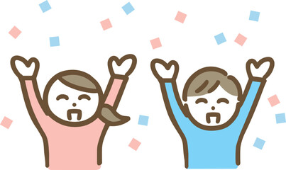 万歳のポーズで喜ぶ私服の若い男女(上半身・正面)