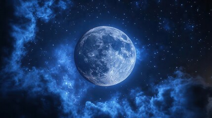 Obraz premium Majestic Full Moon Illuminating Starry Sky Surrounded by Soft Clouds at Night