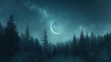 Starry Night Sky with Moon Over Lush Forest Landscape in Tranquil Atmosphere