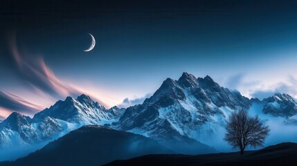 Snowy Mountain Range Under Moonlit Sky with a Lone Tree in a Peaceful Night Landscape