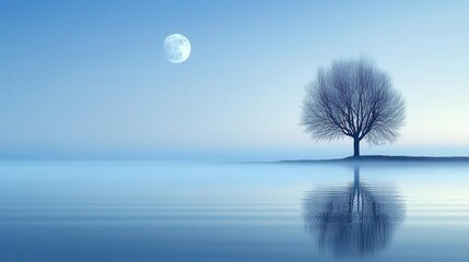 Solitary Tree by Tranquil Water Under Moonlit Sky Creating a Serene Atmosphere at Night
