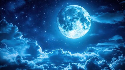 Obraz premium Large, Glowing Moon Illuminating a Starry Night Sky Filled with Dramatic Clouds and Serenity