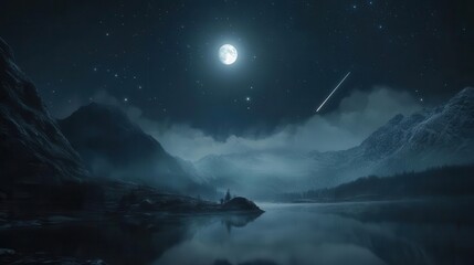 Starlit Night Over a Serene Lake with Mountains and a Bright Moon in the Sky