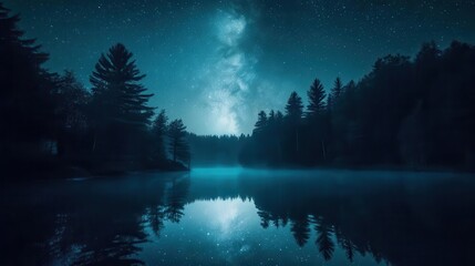 Starry Night Sky over Calm Lake with Reflection and Forest Silhouettes in Serene Environment