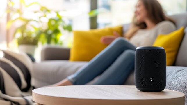 Person using a smart speaker to control a home security system while relaxing on the couch, cozy living room with smart security integration controlled by voice commands, High-tech style