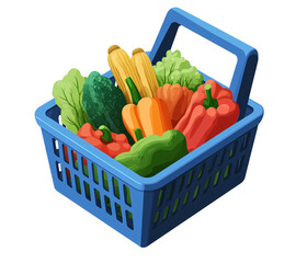 blue plastic shopping basket filled vegetables, in a cartoon style transparent background