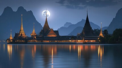 Tranquil Temple Reflections Under Moonlight in Thailand with Dramatic Mountain Silhouettes