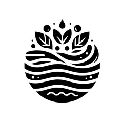 Black and White Nature Logo: Circle, Leaves, Water