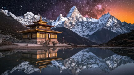 Stunning Mountain Reflection of a Traditional Temple Under a Starry Sky at Twilight