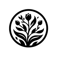 Elegant Floral Emblem: Black and White Botanical Circle