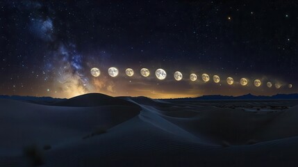 Stunning Night Sky Over Desert Landscape with Celestial Body Phases and Galactic Horizon