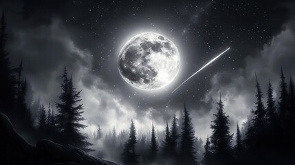 Stunning Night Sky Under Bright Moon with Shooting Star Above Dark Pine Forest and Clouds