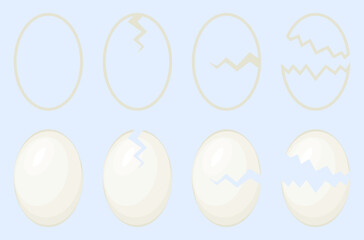 Eggs collection icons isolated. Cartoon eggs icons set in white color. Whole and broken eggs set with shadow. Flat and outline style. Vector illustration.