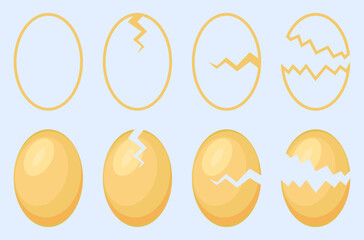 Eggs collection icons isolated. Cartoon eggs icons set in brown color. Whole and broken eggs set with shadow. Flat and outline style. Vector illustration.