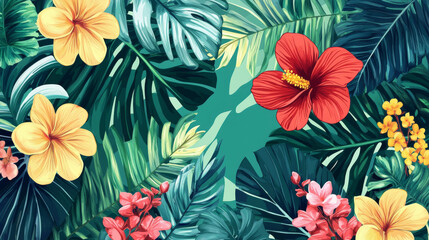 Lush tropical floral design with vibrant colors and leaves