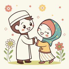 Cute man and women muslim character couple of islamic character cartoon