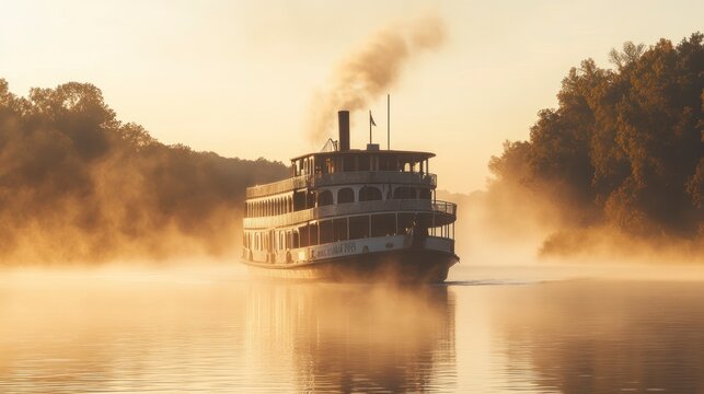 Sunrise steam ship river cruise misty morning