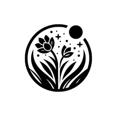 Celestial Bloom: A Monochrome Floral Emblem in a Circle