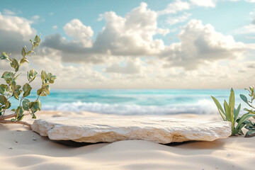 Flat natural stone podium on sandy beach with ocean view, green plants, and cloudy sky. Coastal product display mockup. Summer vacation and nature design concept