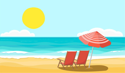 Tranquil sunny beach setting with chairs and umbrella under blue sky