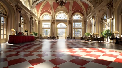 Obraz premium Spacious and Elegant Hotel Lobby Featuring Sophisticated Design Marble Glass and a Cutting Edge Air Conditioning System to Ensure a Comfortable and Inviting Atmosphere for Guests