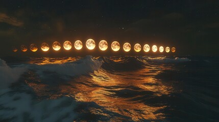 Stunning Ocean Landscape at Night with Illuminated Moon Phases Reflecting on Water Surface