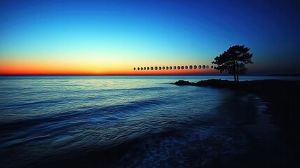 Stunning Sunset Over Calm Ocean with Silhouette of a Tree on the Shoreline