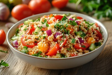 Bowl of couscous salad with tomato, cucumber, and red onion on a wood table. Use this image for healthy food blogs, recipes, or menu illustrations.