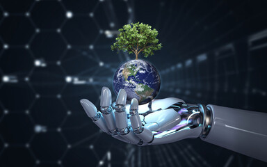 Obraz premium The future of environmental sustainability is represented in this image, where a robot arm delicately cradles the earth, symbolizing a convergence of technology and ecological harmony, an ode to tech