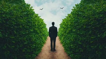 Man Standing at the Crossroads Surrounded by Lush Green Hedges under a Bright Cloudy Sky