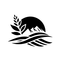 Obraz premium Silhouetted Farmscape: Wheat, Mountains, and Sun - Monochrome Icon