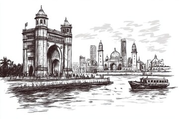 Obraz premium Gateway of India and Mumbai Cityscape Sketch with Boat