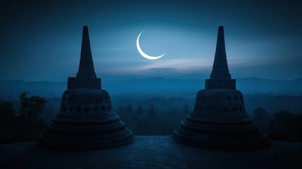 Majestic Buddhist Temples Silhouetted Against a Crescent Moonlit Sky at Night